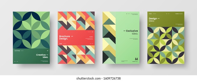 Business presentation vector A4 vertical orientation front page mock up set. Corporate report cover abstract geometric illustration design layout bundle. Company identity brochure template collection.