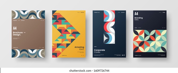 Business presentation vector A4 vertical orientation front page mock up set. Corporate report cover abstract geometric illustration design layout bundle. Company identity brochure template collection.