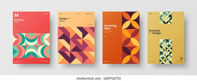 Business presentation vector A4 vertical orientation front page mock up set. Corporate report cover abstract geometric illustration design layout bundle. Company identity brochure template collection.