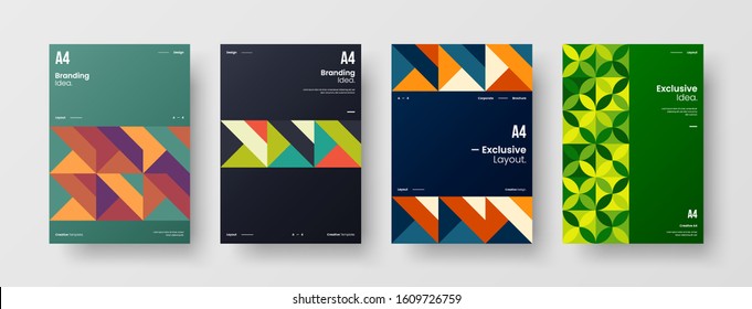 Business presentation vector A4 vertical orientation front page mock up set. Corporate report cover abstract geometric illustration design layout bundle. Company identity brochure template collection.