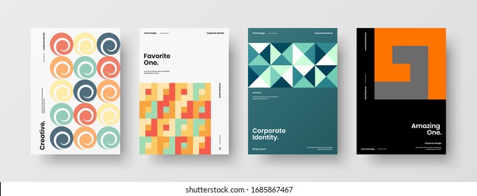 Business presentation vector A4 vertical orientation front page mock up set. Corporate report cover abstract geometric illustration design layout bundle. Company identity brochure template collection.