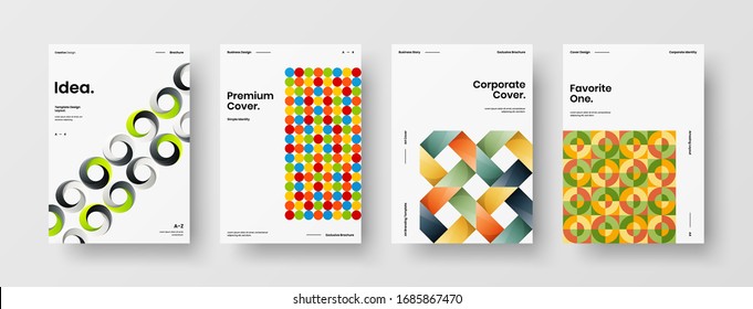 Business presentation vector A4 vertical orientation front page mock up set. Corporate report cover abstract geometric illustration design layout bundle. Company identity brochure template collection.