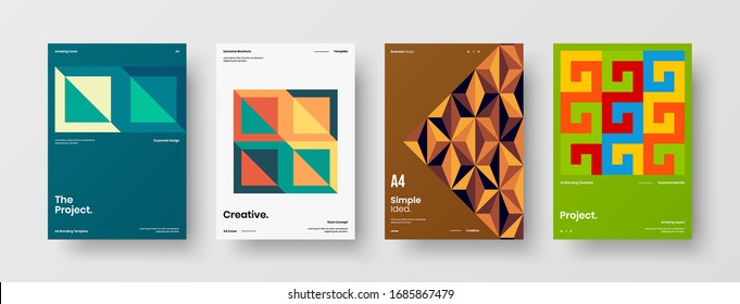 Business presentation vector A4 vertical orientation front page mock up set. Corporate report cover abstract geometric illustration design layout bundle. Company identity brochure template collection.