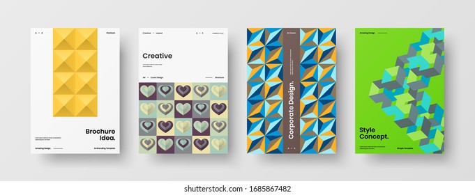 Business presentation vector A4 vertical orientation front page mock up set. Corporate report cover abstract geometric illustration design layout bundle. Company identity brochure template collection.