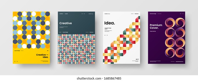 Business presentation vector A4 vertical orientation front page mock up set. Corporate report cover abstract geometric illustration design layout bundle. Company identity brochure template collection.