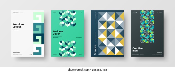 Business presentation vector A4 vertical orientation front page mock up set. Corporate report cover abstract geometric illustration design layout bundle. Company identity brochure template collection.