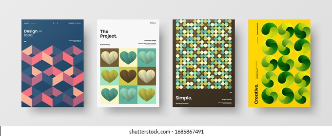 Business presentation vector A4 vertical orientation front page mock up set. Corporate report cover abstract geometric illustration design layout bundle. Company identity brochure template collection.