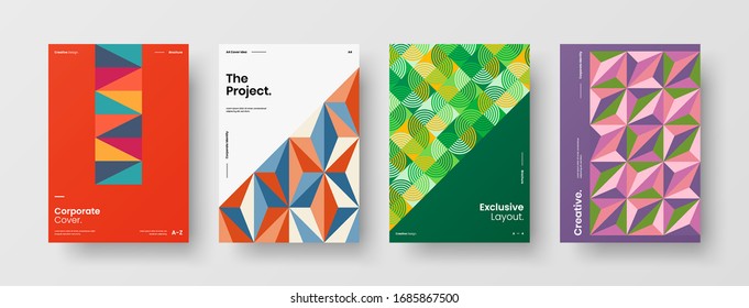 Diseño de presentación de negocio vectorial orientación vertical primera página maqueta conjunto. El informe corporativo cubre el paquete de diseño de ilustración geométrica abstracta. Colección de plantillas de folleto de identidad de la empresa.