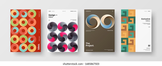 Business presentation vector A4 vertical orientation front page mock up set. Corporate report cover abstract geometric illustration design layout bundle. Company identity brochure template collection.