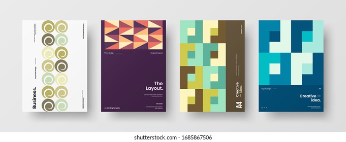 Business presentation vector A4 vertical orientation front page mock up set. Corporate report cover abstract geometric illustration design layout bundle. Company identity brochure template collection.