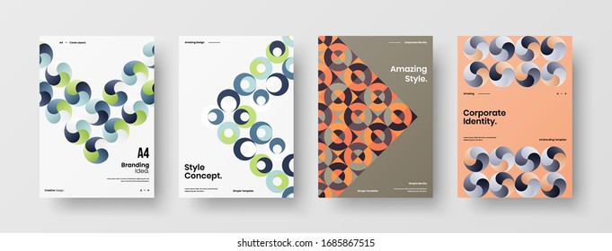 Business presentation vector A4 vertical orientation front page mock up set. Corporate report cover abstract geometric illustration design layout bundle. Company identity brochure template collection.