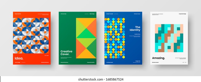 Business presentation vector A4 vertical orientation front page mock up set. Corporate report cover abstract geometric illustration design layout bundle. Company identity brochure template collection.