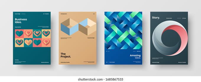 Business presentation vector A4 vertical orientation front page mock up set. Corporate report cover abstract geometric illustration design layout bundle. Company identity brochure template collection.