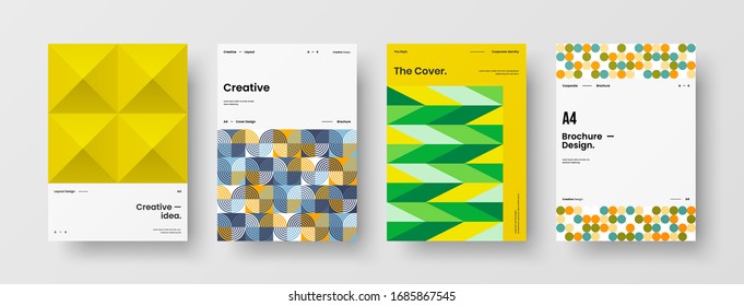 Business presentation vector A4 vertical orientation front page mock up set. Corporate report cover abstract geometric illustration design layout bundle. Company identity brochure template collection.