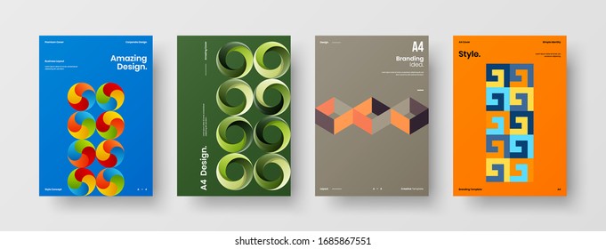 Business presentation vector A4 vertical orientation front page mock up set. Corporate report cover abstract geometric illustration design layout bundle. Company identity brochure template collection.