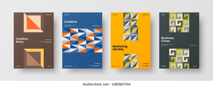 Vortragssatz der Vektorillustration A4 für vertikale Ausrichtung der Vorderseite. Corporate Report deckt abstraktes geometrisches Design-Layout-Paket für Illustrationen ab. Vorlage für Firmenidentitätsbroschüren