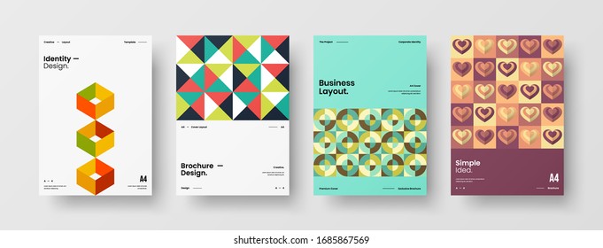 Business presentation vector A4 vertical orientation front page mock up set. Corporate report cover abstract geometric illustration design layout bundle. Company identity brochure template collection.