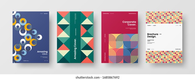 Business presentation vector A4 vertical orientation front page mock up set. Corporate report cover abstract geometric illustration design layout bundle. Company identity brochure template collection.