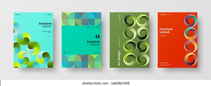 Business presentation vector A4 vertical orientation front page mock up set. Corporate report cover abstract geometric illustration design layout bundle. Company identity brochure template collection.