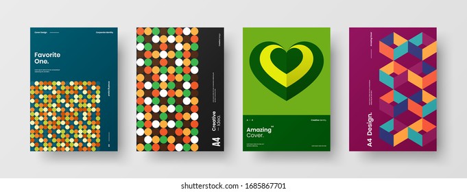 Business presentation vector A4 vertical orientation front page mock up set. Corporate report cover abstract geometric illustration design layout bundle. Company identity brochure template collection.