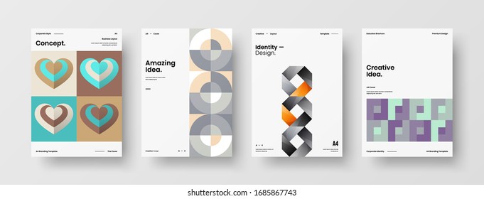 Business presentation vector A4 vertical orientation front page mock up set. Corporate report cover abstract geometric illustration design layout bundle. Company identity brochure template collection.