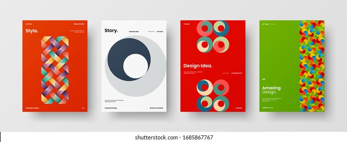 Business presentation vector A4 vertical orientation front page mock up set. Corporate report cover abstract geometric illustration design layout bundle. Company identity brochure template collection.