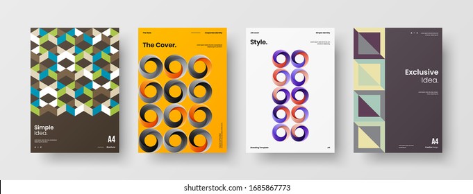 Business presentation vector A4 vertical orientation front page mock up set. Corporate report cover abstract geometric illustration design layout bundle. Company identity brochure template collection.