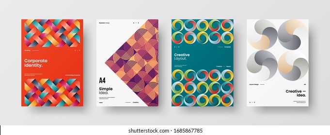 Business presentation vector A4 vertical orientation front page mock up set. Corporate report cover abstract geometric illustration design layout bundle. Company identity brochure template collection.