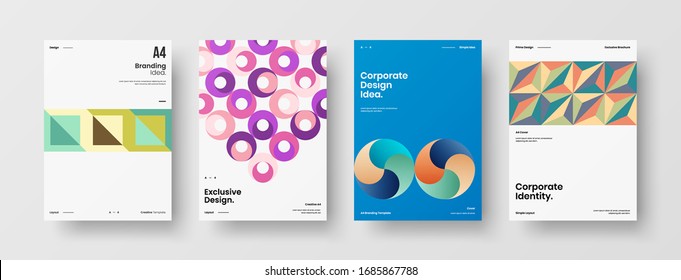 Business presentation vector A4 vertical orientation front page mock up set. Corporate report cover abstract geometric illustration design layout bundle. Company identity brochure template collection.