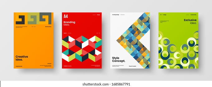 Business presentation vector A4 vertical orientation front page mock up set. Corporate report cover abstract geometric illustration design layout bundle. Company identity brochure template collection.