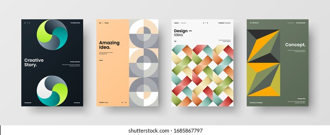 Diseño de presentación de negocio vectorial orientación vertical primera página maqueta conjunto. El informe corporativo cubre el paquete de diseño de ilustración geométrica abstracta. Colección de plantillas de folleto de identidad de la empresa.