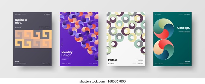 Business presentation vector A4 vertical orientation front page mock up set. Corporate report cover abstract geometric illustration design layout bundle. Company identity brochure template collection.