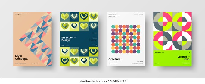 Business presentation vector A4 vertical orientation front page mock up set. Corporate report cover abstract geometric illustration design layout bundle. Company identity brochure template collection.