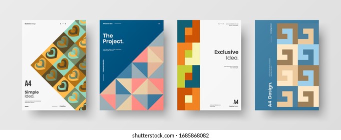 Business presentation vector A4 vertical orientation front page mock up set. Corporate report cover abstract geometric illustration design layout bundle. Company identity brochure template collection.