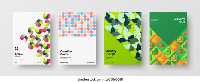 Business presentation vector A4 vertical orientation front page mock up set. Corporate report cover abstract geometric illustration design layout bundle. Company identity brochure template collection.