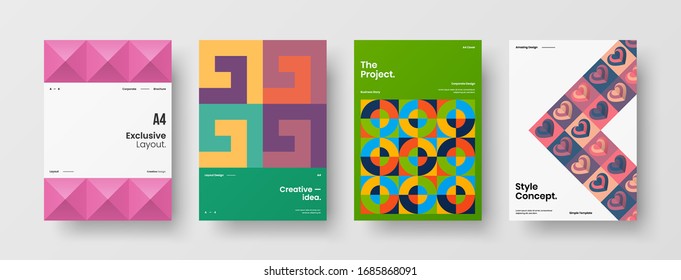 Business presentation vector A4 vertical orientation front page mock up set. Corporate report cover abstract geometric illustration design layout bundle. Company identity brochure template collection.