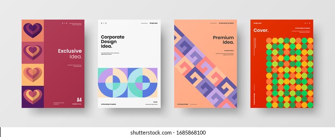 Business presentation vector A4 vertical orientation front page mock up set. Corporate report cover abstract geometric illustration design layout bundle. Company identity brochure template collection.