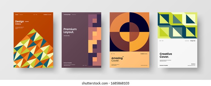 Business-Präsentation Vektorgrafik A4 vertikale Orientierung Vorderseite Mock-up Set. Corporate Report deckt abstraktes geometrisches Design-Layout-Paket für Illustrationen ab. Vorlage für Firmenidentitätsbroschüren