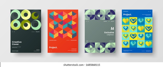 Business presentation vector A4 vertical orientation front page mock up set. Corporate report cover abstract geometric illustration design layout bundle. Company identity brochure template collection.