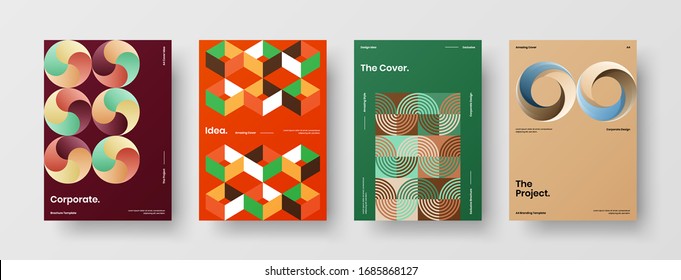 Business presentation vector A4 vertical orientation front page mock up set. Corporate report cover abstract geometric illustration design layout bundle. Company identity brochure template collection.