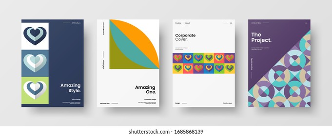 Business presentation vector A4 vertical orientation front page mock up set. Corporate report cover abstract geometric illustration design layout bundle. Company identity brochure template collection.