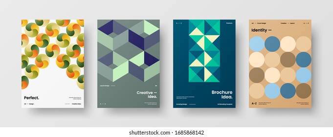 Diseño de presentación de negocio vectorial orientación vertical primera página maqueta conjunto. El informe corporativo cubre el paquete de diseño de ilustración geométrica abstracta. Colección de plantillas de folleto de identidad de la empresa.