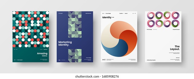 Business presentation vector A4 vertical orientation front page mock up set. Corporate report cover abstract geometric illustration design layout bundle. Company identity brochure template collection.