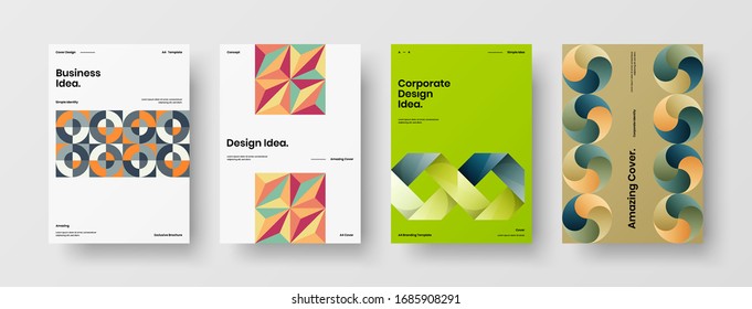 Business presentation vector A4 vertical orientation front page mock up set. Corporate report cover abstract geometric illustration design layout bundle. Company identity brochure template collection.