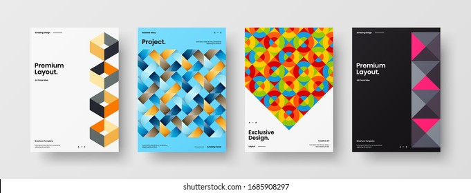 Business presentation vector A4 vertical orientation front page mock up set. Corporate report cover abstract geometric illustration design layout bundle. Company identity brochure template collection.