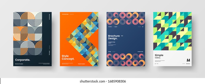 Business presentation vector A4 vertical orientation front page mock up set. Corporate report cover abstract geometric illustration design layout bundle. Company identity brochure template collection.