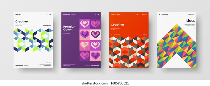Business presentation vector A4 vertical orientation front page mock up set. Corporate report cover abstract geometric illustration design layout bundle. Company identity brochure template collection.