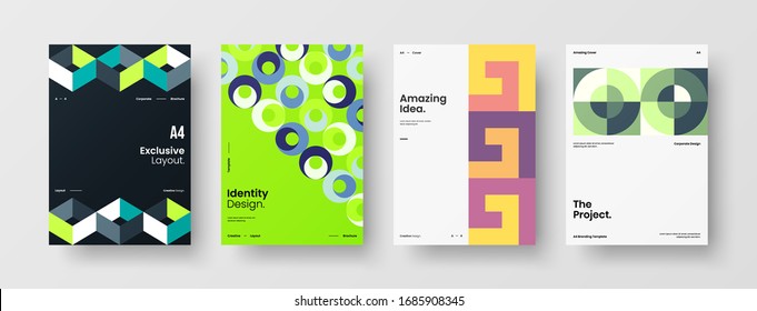 Business presentation vector A4 vertical orientation front page mock up set. Corporate report cover abstract geometric illustration design layout bundle. Company identity brochure template collection.