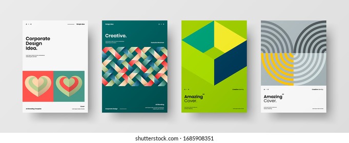 Business presentation vector A4 vertical orientation front page mock up set. Corporate report cover abstract geometric illustration design layout bundle. Company identity brochure template collection.