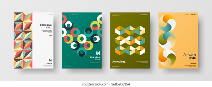 Business presentation vector A4 vertical orientation front page mock up set. Corporate report cover abstract geometric illustration design layout bundle. Company identity brochure template collection.